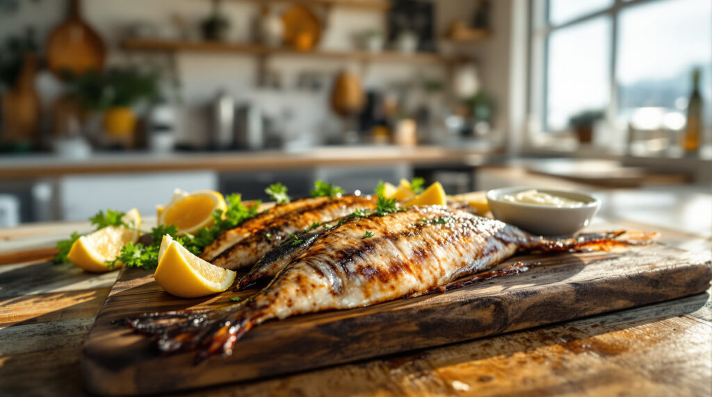 Smoked mullet fillets on a wooden board with lemon wedges, parsley, and tartar sauce, set in a bright, rustic dockside kitchen with soft natural light.