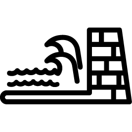 Black and white icon showing a wave hitting a sea wall or barrier, indicating coastal protection or flood defense.