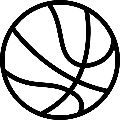 Black and white outline drawing of a basketball with curved lines representing the ball's seams.