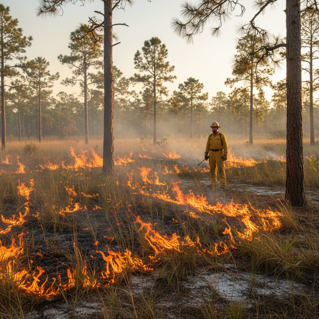 Controlled burn with low flames and ranger in Florida pine forest