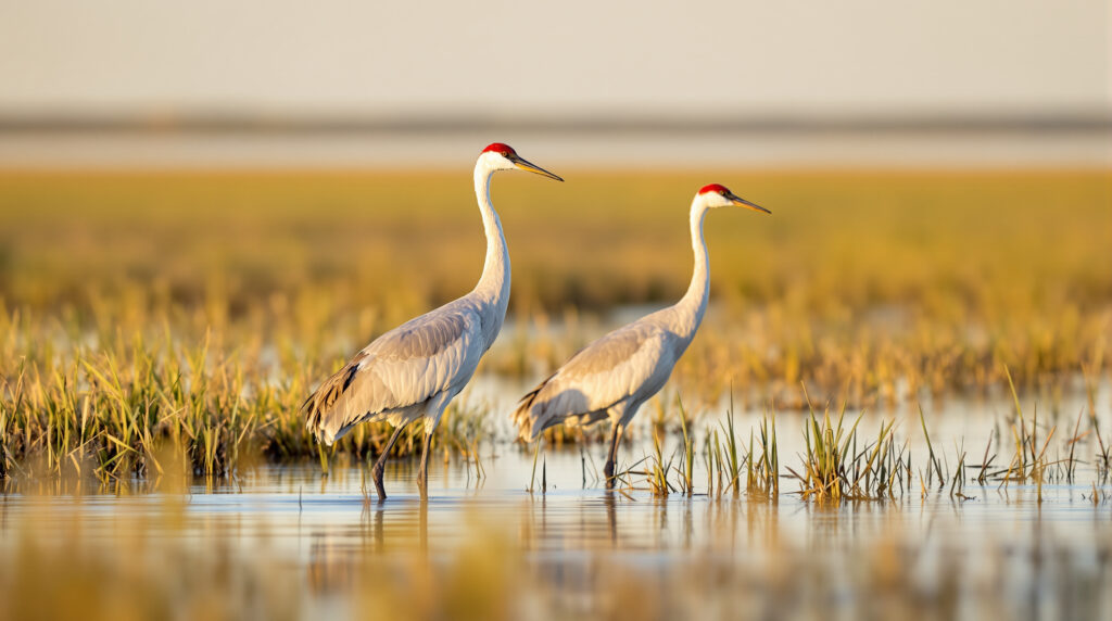 Two endangered sandhill cranes wading in shallow marsh water among tall grasses, with soft golden sunlight and a blurred natural background.