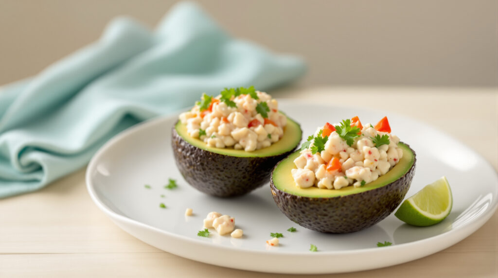 Close-up of Gulf crab salad stuffed avocado halves on a white plate with a lime wedge and aqua napkin, photographed in natural light on a wooden table.