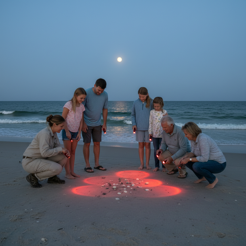 Family and naturalist searching for seashells by red flashlight on a moonlit beach