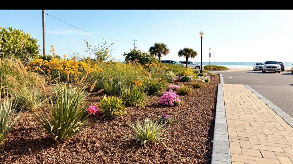 Rain garden with native plants beside a small beach parking area, unbranded cars, and the Gulf of Mexico in the background on a sunny afternoon.