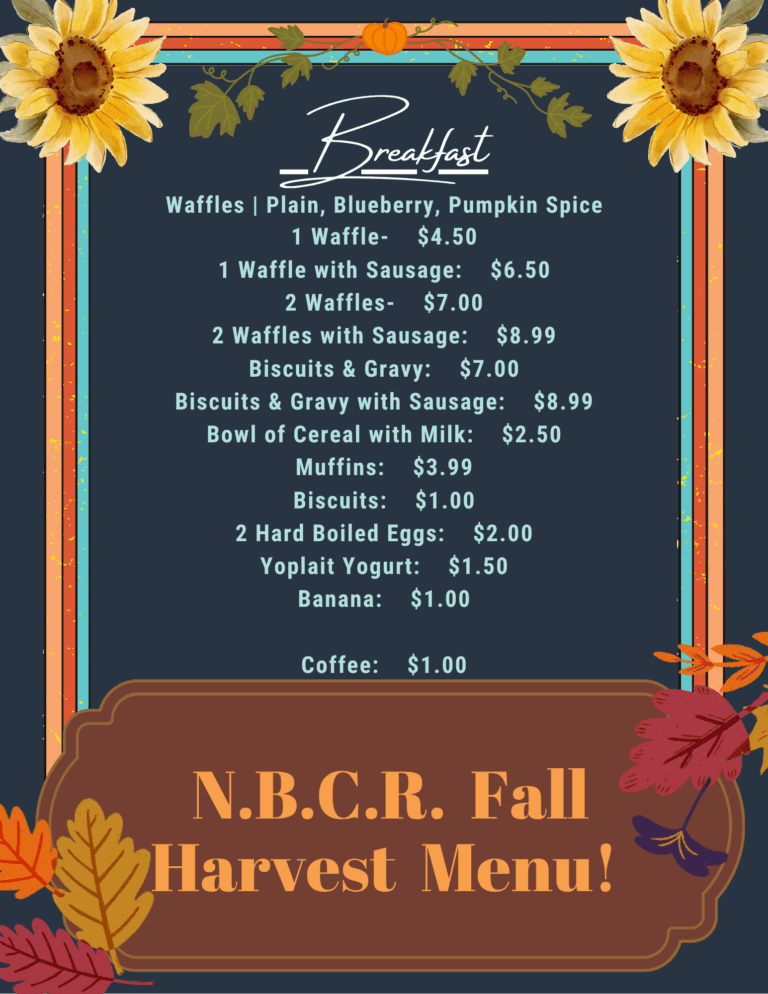 A breakfast menu with items like waffles, biscuits, eggs, yogurt, and beverages, framed with autumn-themed decorations and sunflowers, titled "N.B.C.R. Fall Harvest Menu.