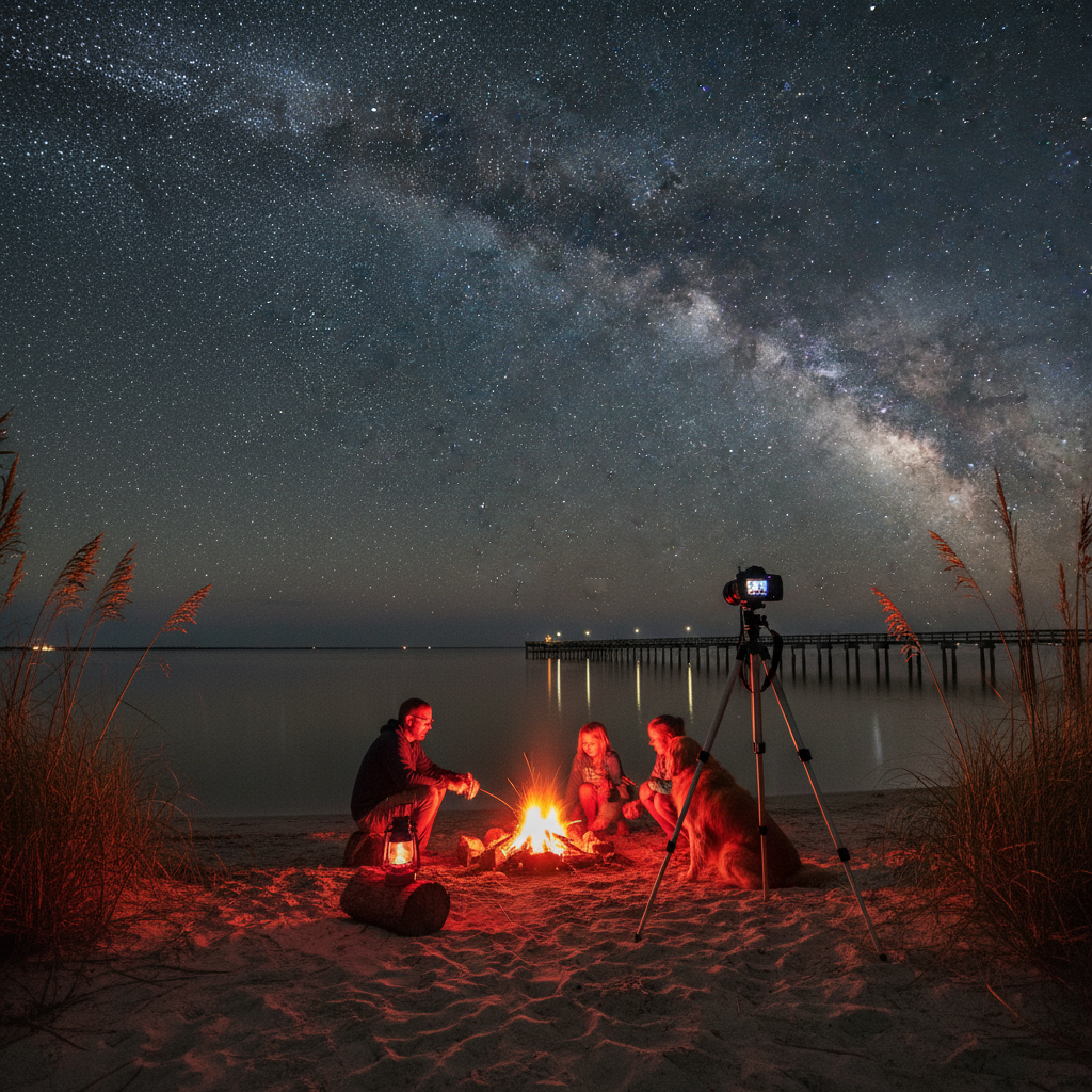 Family and dog stargazing beside a campfire on sandy Gulf Coast shoreline near Navarre, Florida, with a camera tripod aimed at the Milky Way and a fishing pier in the background.