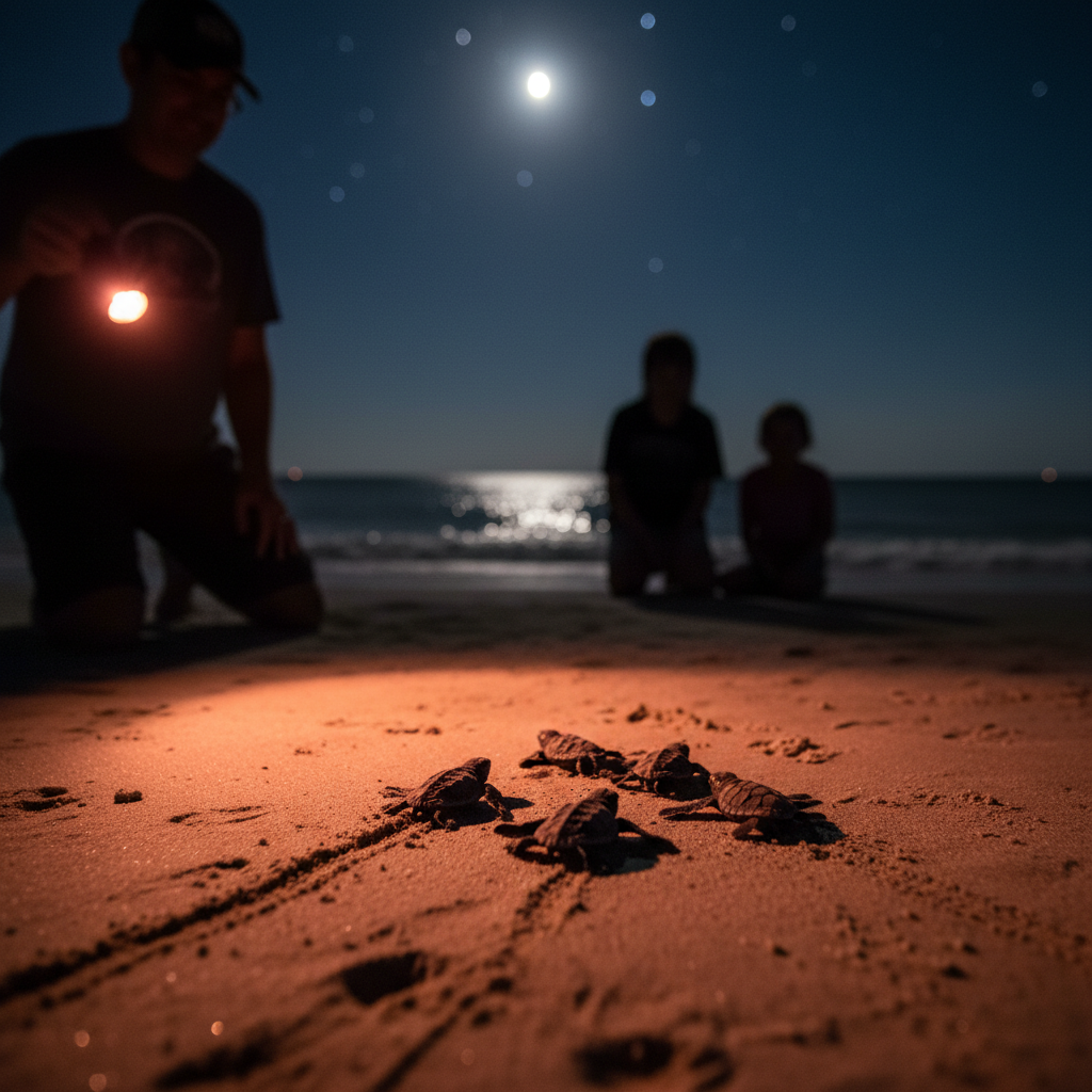 Baby loggerhead sea turtles crawl toward the Gulf at night, illuminated by a red-filtered flashlight, with a family watching quietly on a sandy beach under a starry sky.