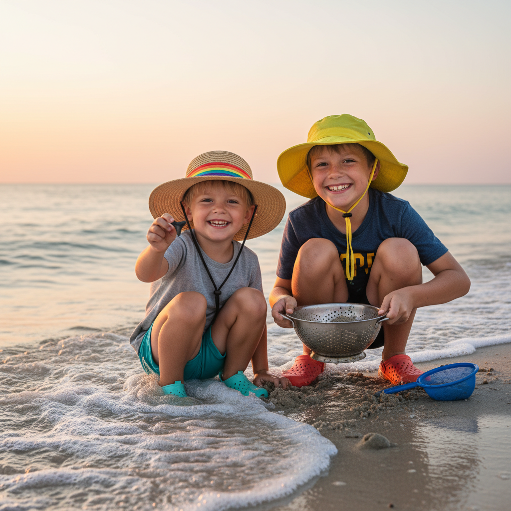 Two children search for shark teeth with sifters on a sandy Gulf Coast beach at sunrise, holding up a small black tooth and smiling.