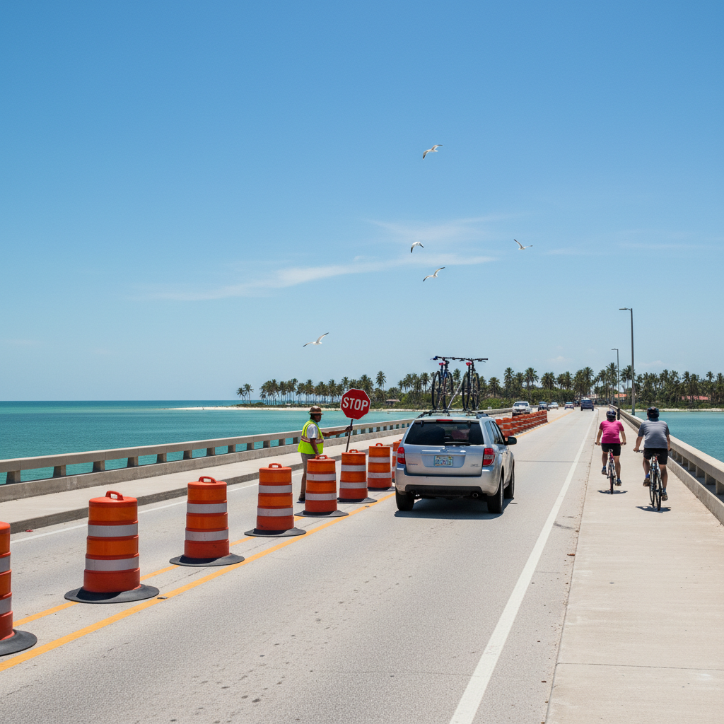 Family SUV and bicyclists cross a Florida bridge with construction barrels and a flagger under a sunny sky.