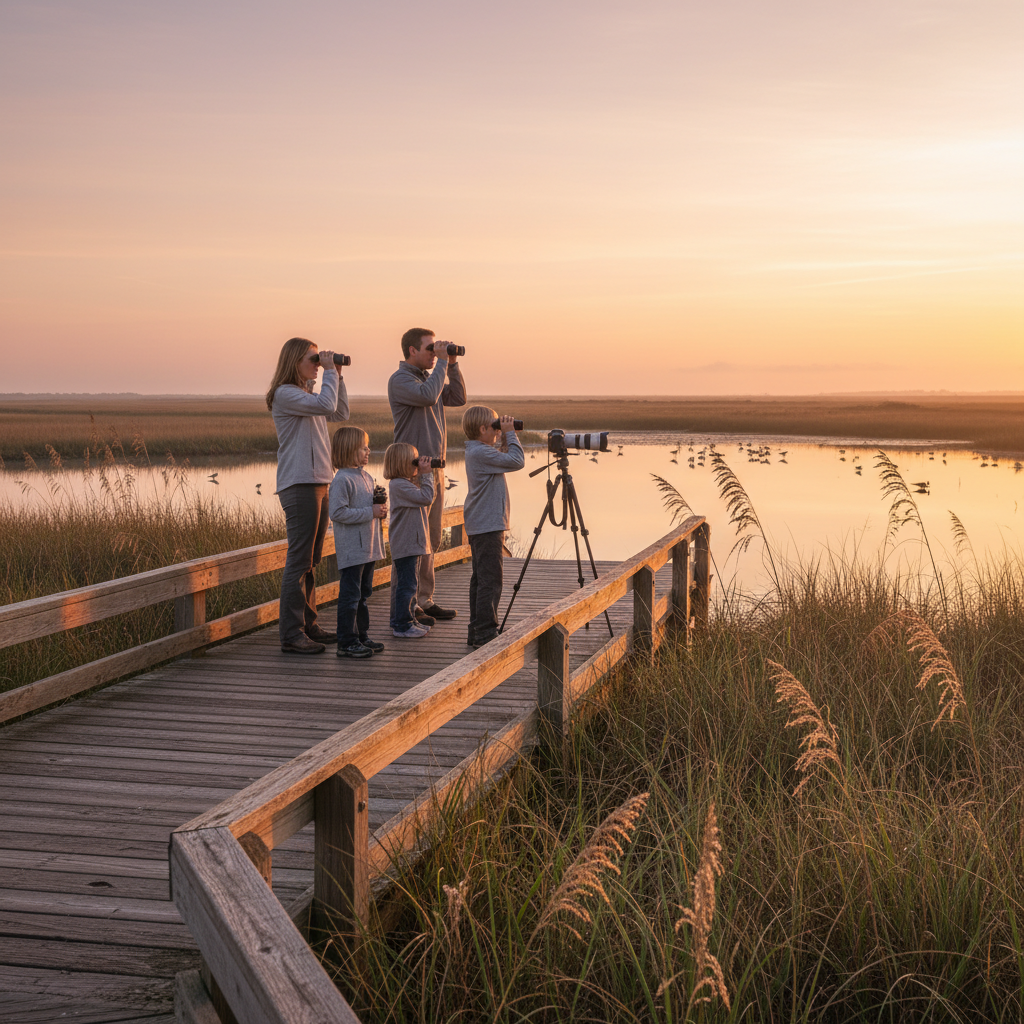 Family birdwatching at sunrise on a boardwalk with binoculars near marsh and feeding shorebirds