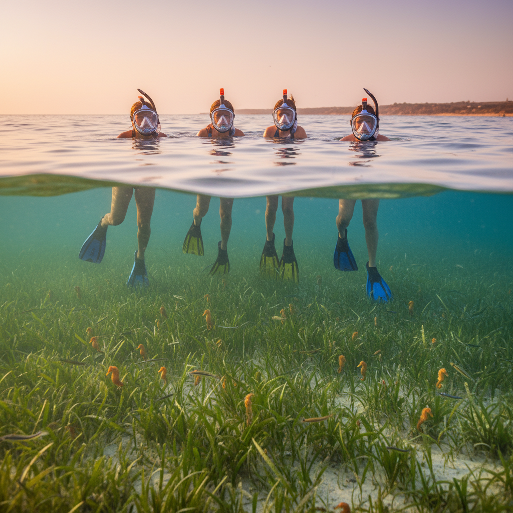 Family with snorkeling gear floating in shallow water at sunset, observing seahorses and pipefish in a green seagrass meadow.