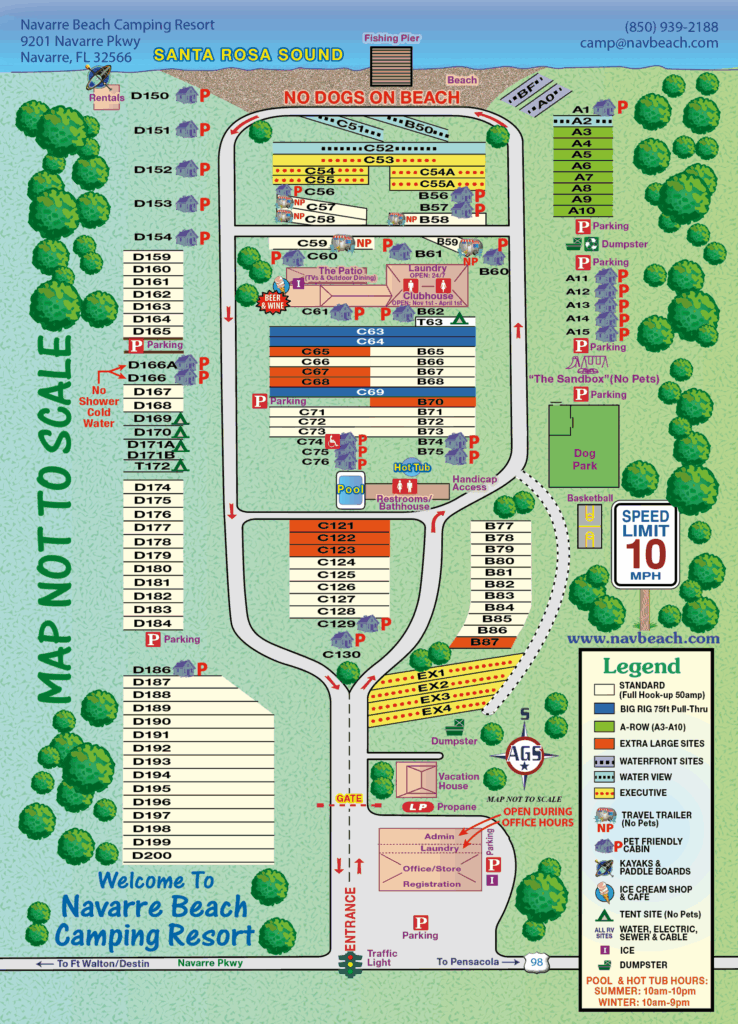 Colorful campground map of Navarre Beach Camping Resort showing numbered RV sites, cabins, amenities, roads, and legend, with rules such as “No dogs on beach” and contact information.