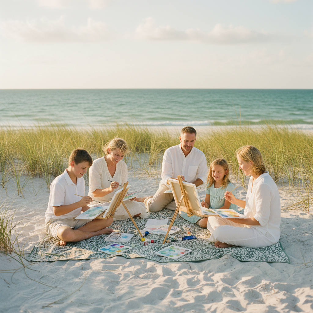 Five people sit on a blanket at the beach, painting on small easels with art supplies around them, with sand, grass, and ocean in the background.
