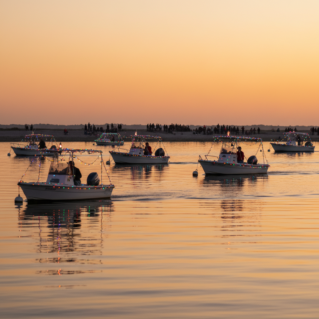Festive boats decorated with holiday lights parade on a tranquil lagoon at dusk as families watch from the distant shore.