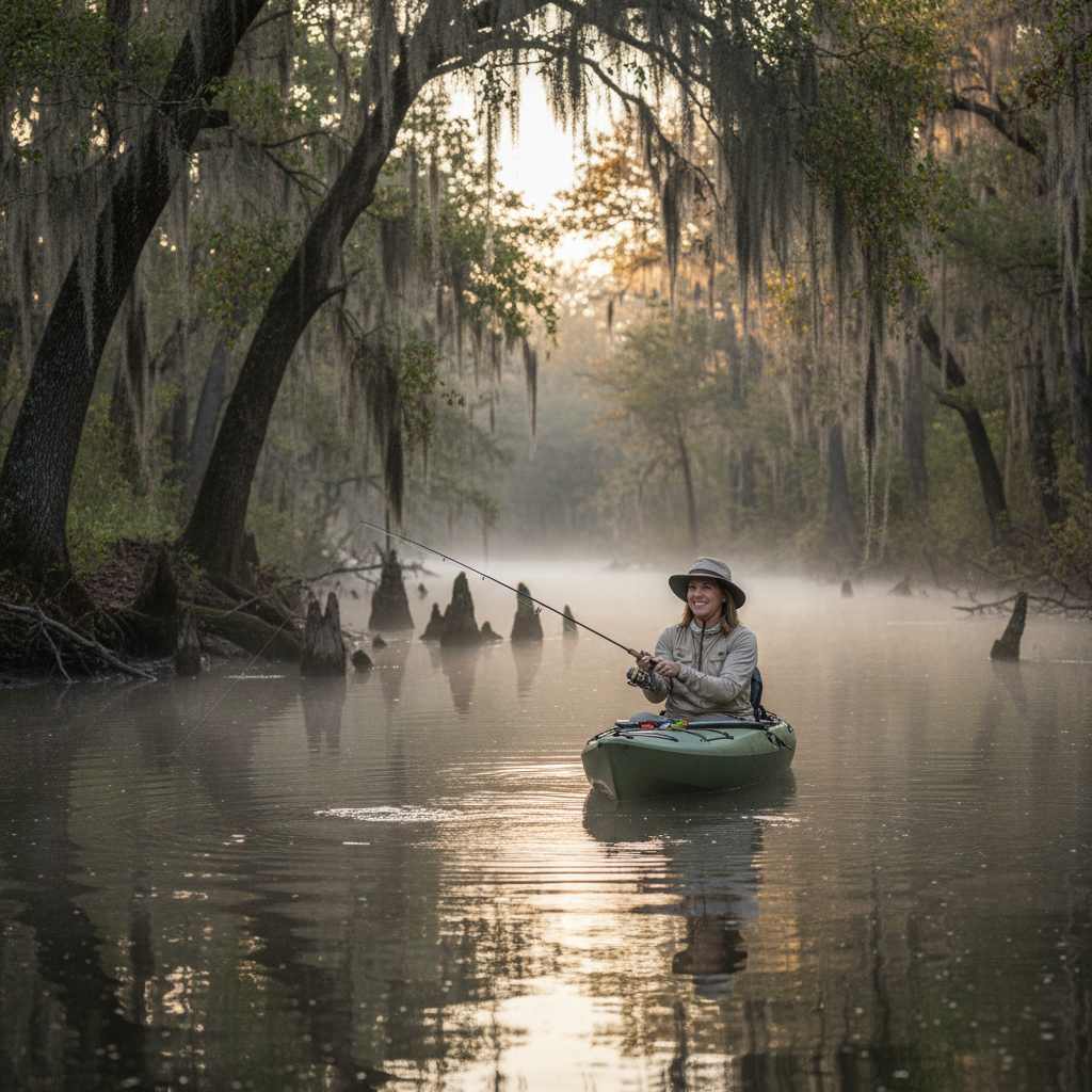Angler in a kayak casting toward submerged timber on a calm, foggy creek near Navarre, Florida, at sunrise.
