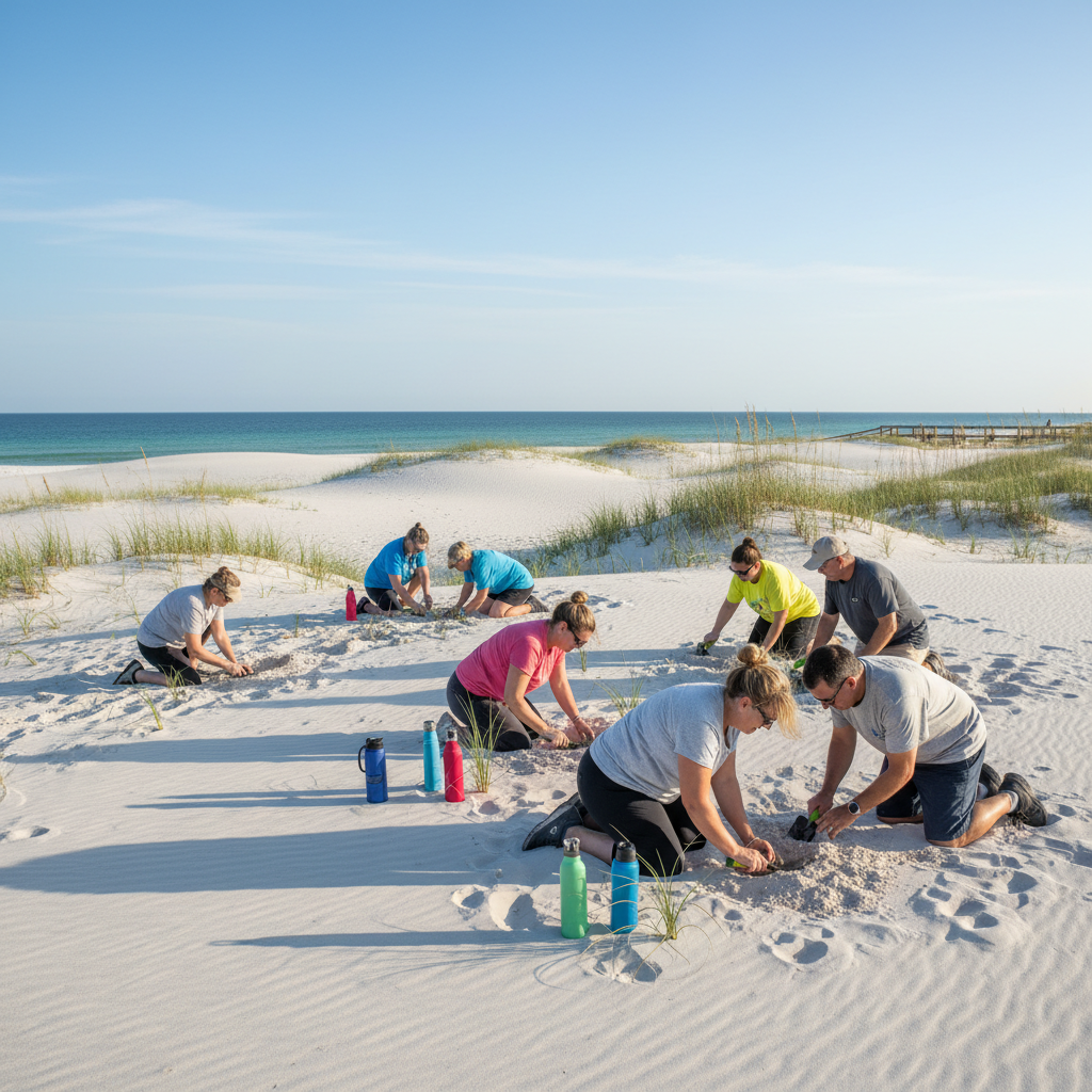 Volunteers of all ages planting sea oats on sandy dunes near the coast under a clear blue sky, with gardening tools and water bottles visible, in Navarre, Florida.