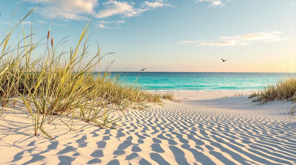 Sandy beach with tall grass in the foreground, turquoise ocean waves, blue sky with scattered clouds, and two birds flying above the water.