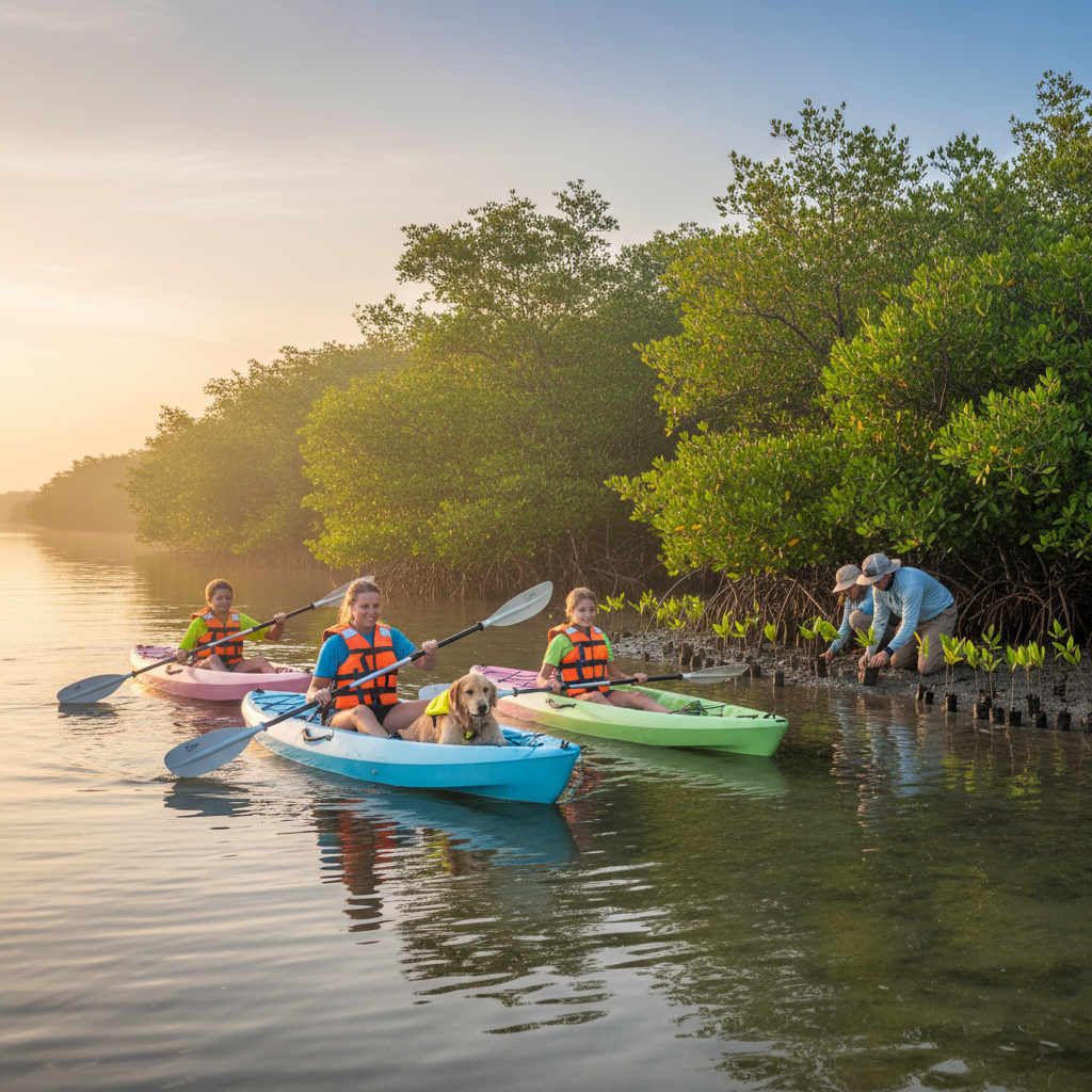 Family and dog kayaking and planting mangrove seedlings at sunrise on a calm bay