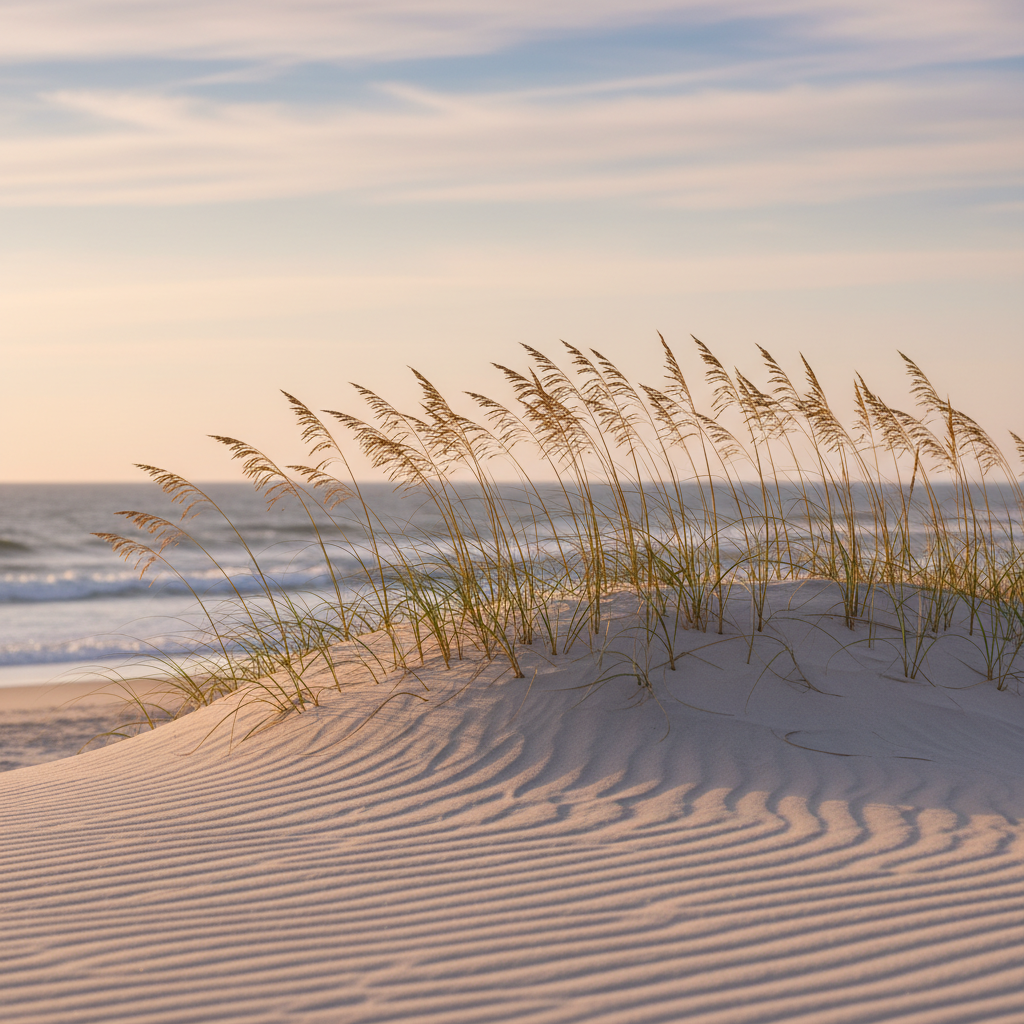 Golden sea oats swaying on a sandy dune at sunrise with gentle Gulf waves in the background