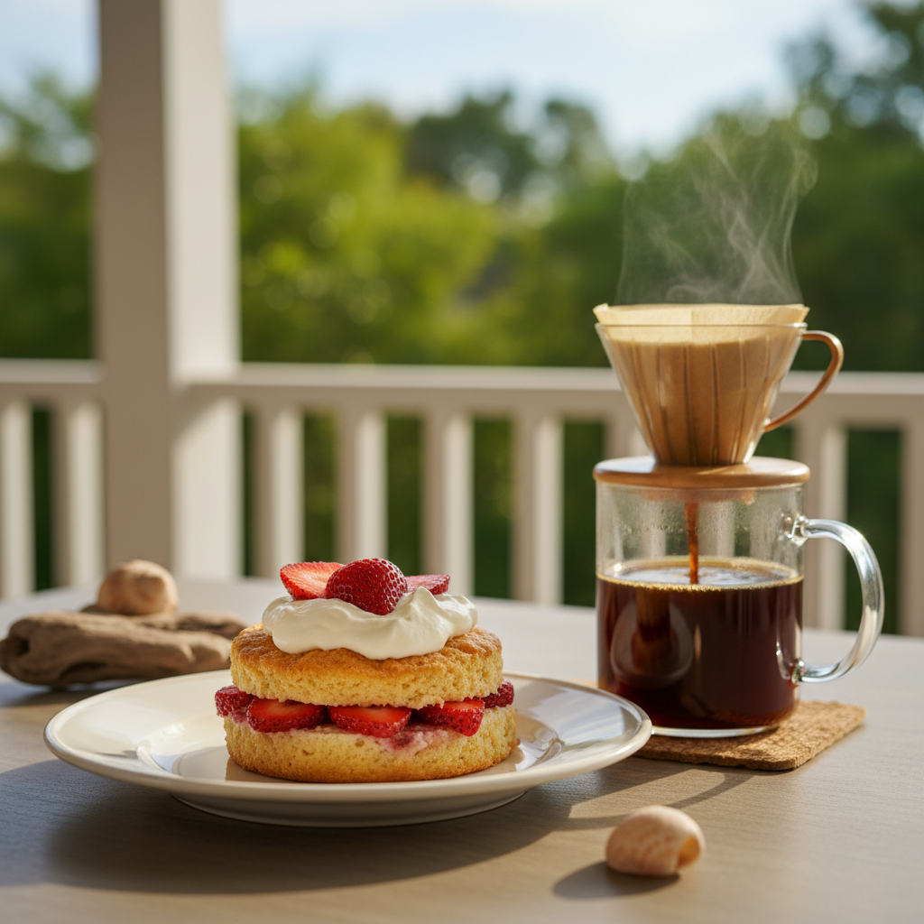 A plate with a layered strawberry shortcake sits next to a glass mug of steaming coffee brewed with a pour-over filter on an outdoor table, with greenery in the background.