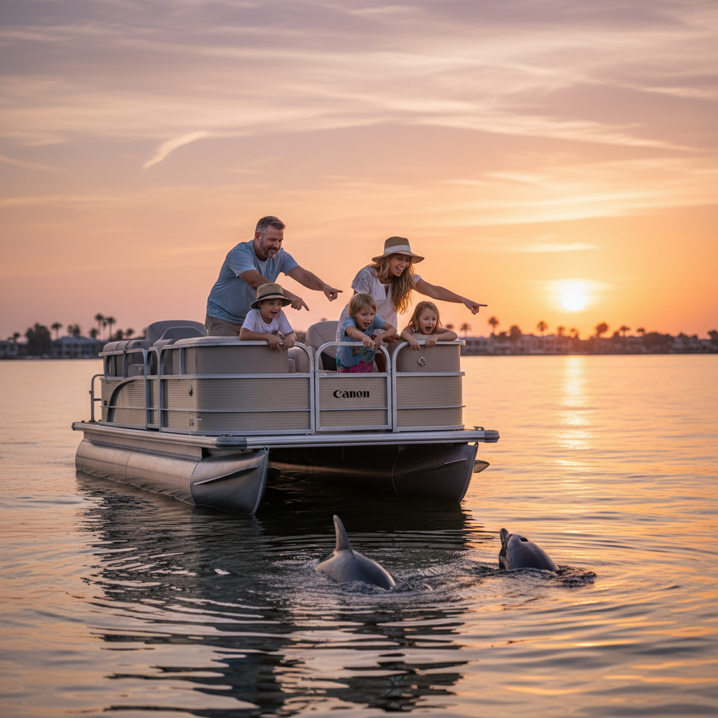 Family on a boat watching dolphins at sunset on a calm bay