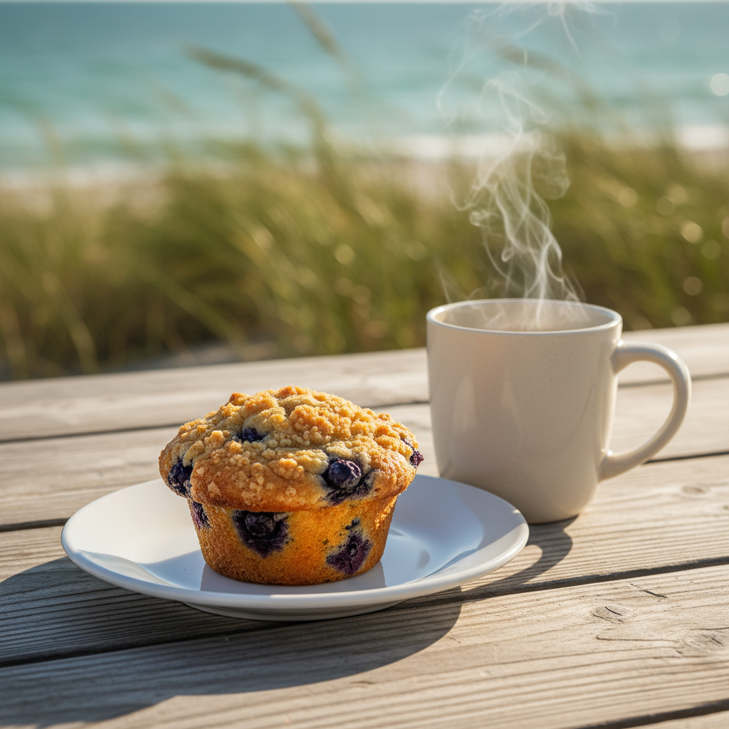 A fresh blueberry buckle muffin with golden streusel sits on a white plate next to a steaming coffee mug atop a rustic wooden picnic table, with soft sunlight and sea oats hinting at a beach setting.