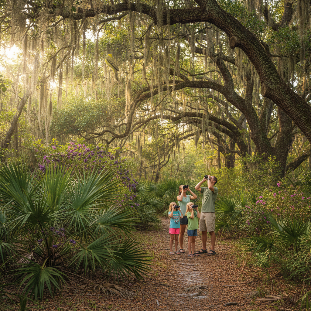 Family hiking through sunlit coastal hammock with live oaks, palms, and binoculars in Florida.