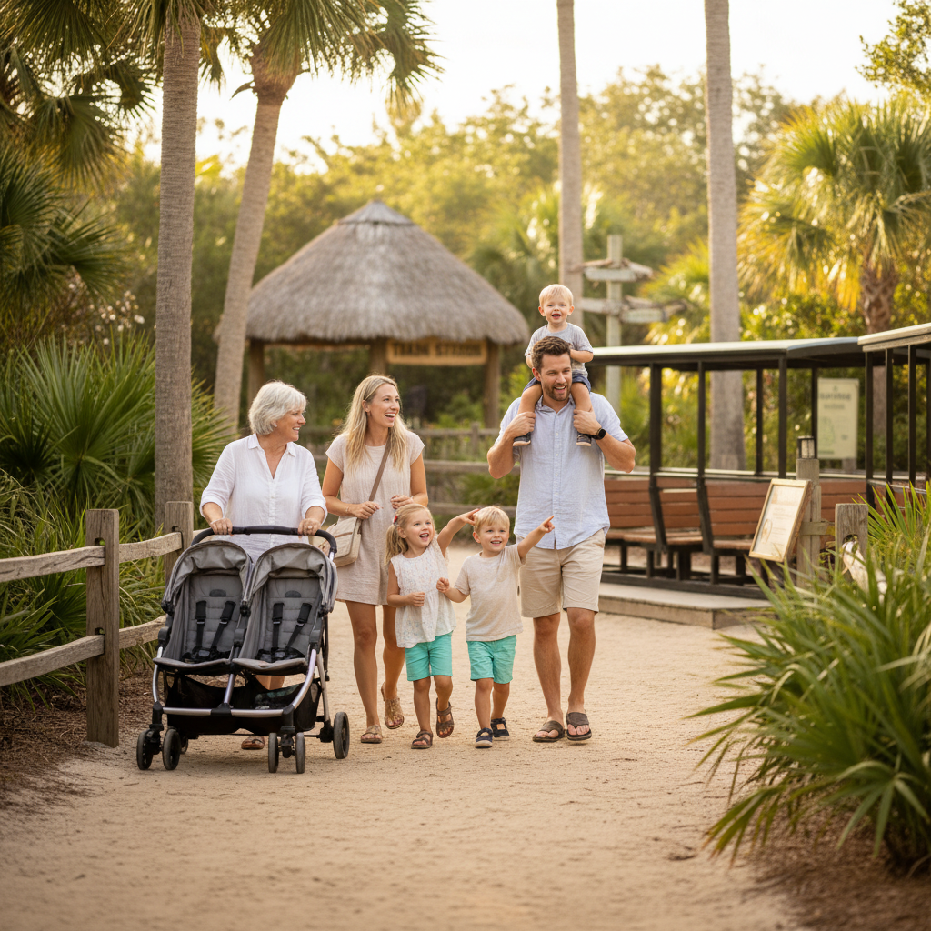 Family with young kids walks toward a zoo train boarding area with a parked stroller in a coastal Florida setting