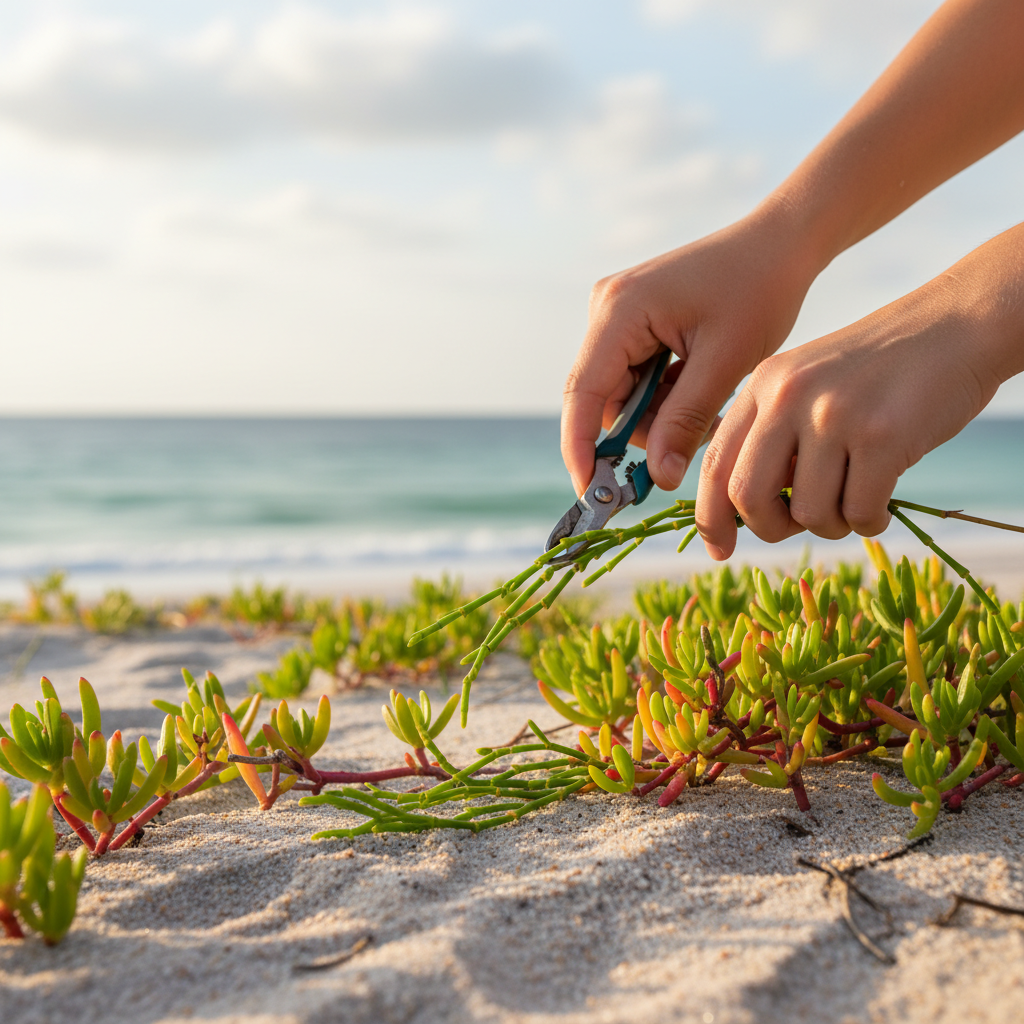Adult and child harvesting samphire and sea purslane on a sandy coastal dune under soft morning light