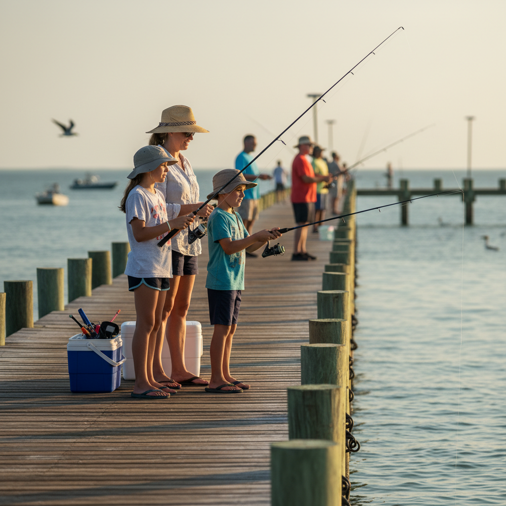 Parent and two kids fishing from a Gulf Coast pier near Navarre, Florida, with spinning rods and a small cooler in the morning light