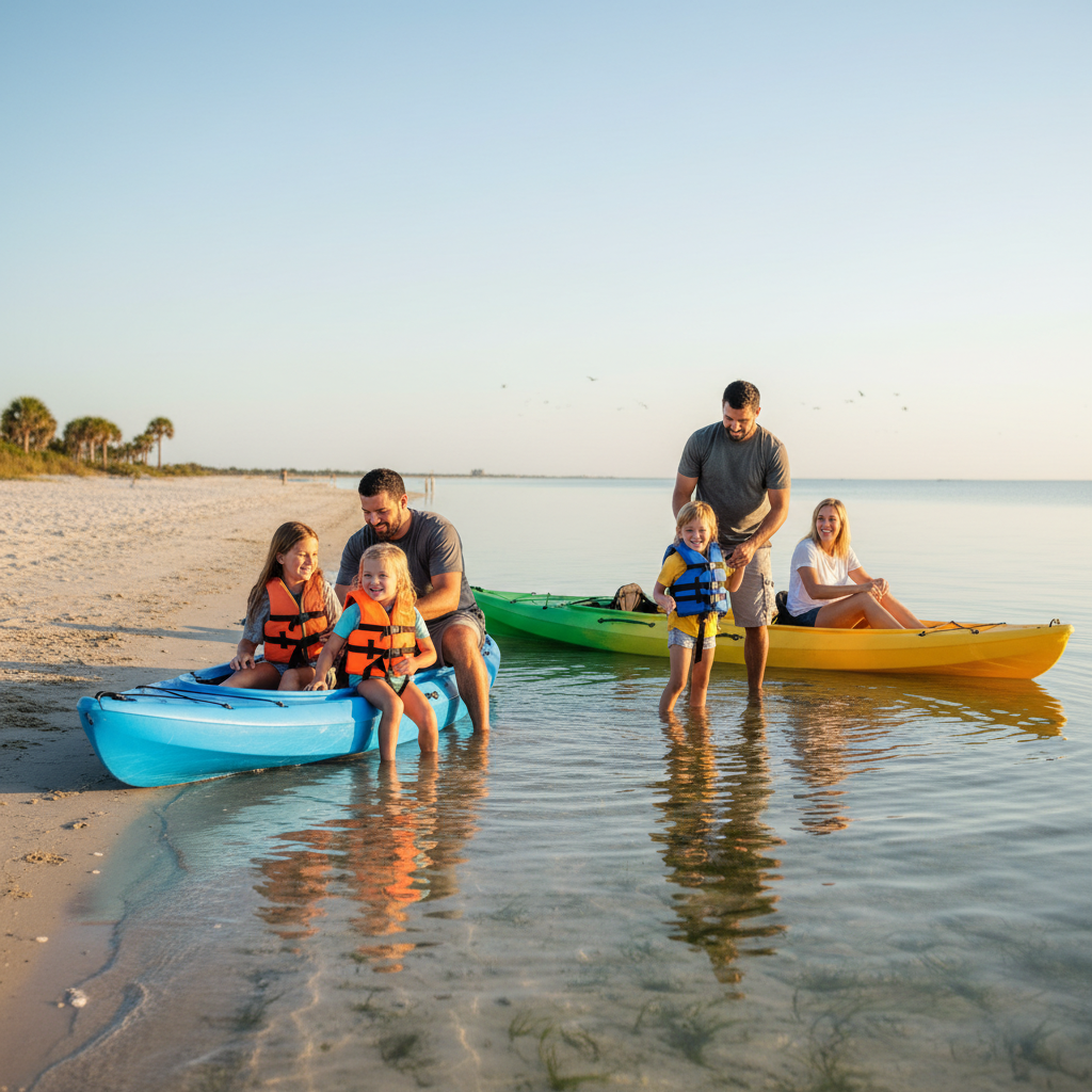 Family helping kids launch sit-on-top kayaks in calm shallow Santa Rosa Sound water near Navarre Florida at sunrise