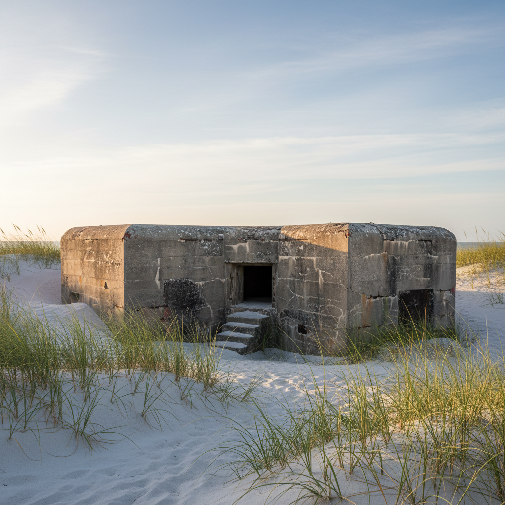 Weathered concrete coastal gun battery ruins in sand dunes near Navarre, Florida on a sunny morning