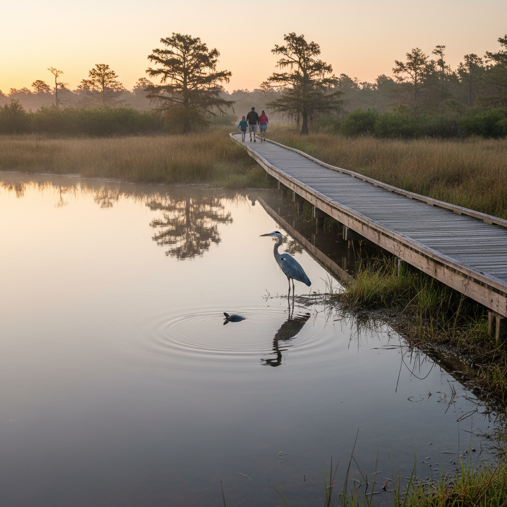 Early morning view of a wooden boardwalk beside calm wetland water near Krul Lake in Navarre, Florida, with a heron wading and a turtle surfacing in soft sunrise light.