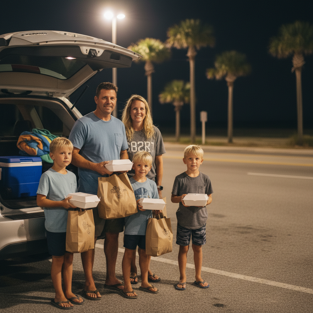 Family and friends in beach clothes unpacking late-night takeout from a car trunk under warm lights in Navarre, Florida.
