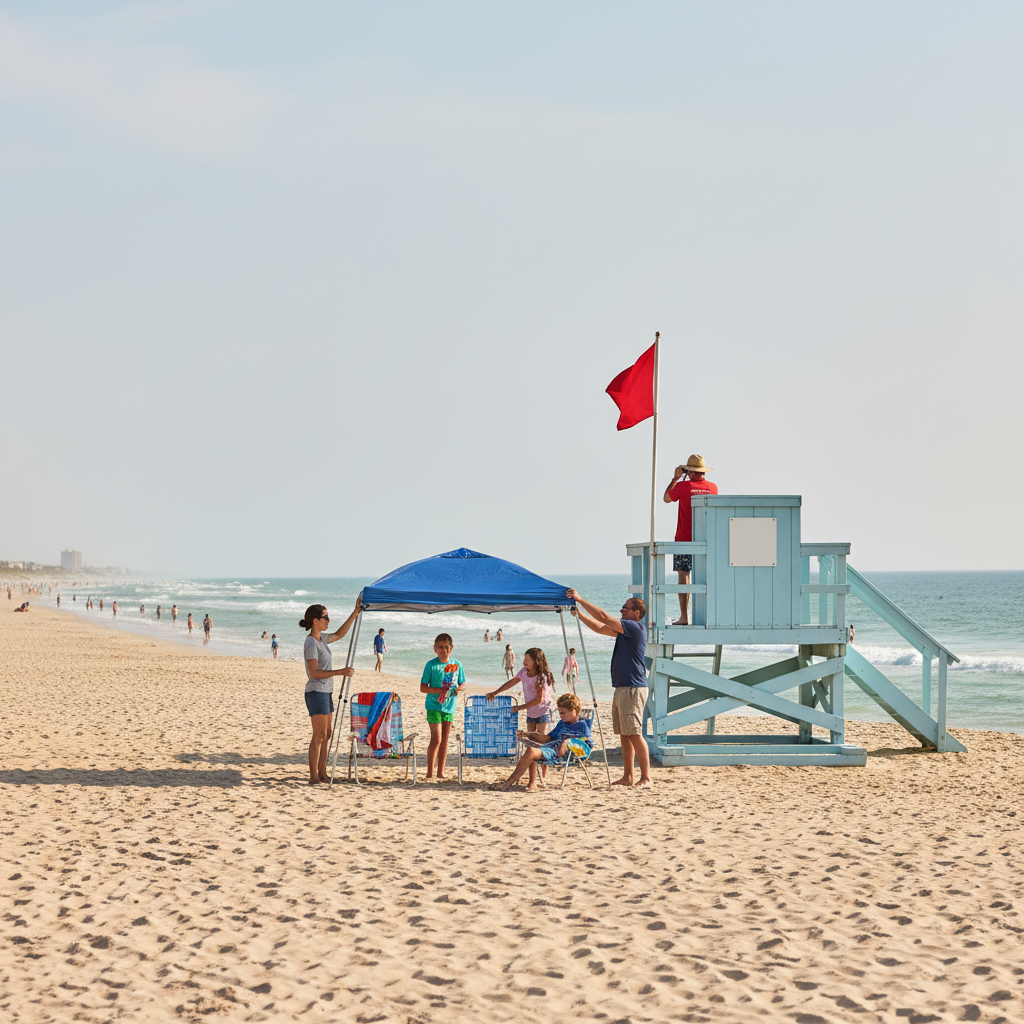 Family setting up a beach canopy and chairs near a staffed lifeguard stand on Navarre Beach with calm Gulf waves in the background