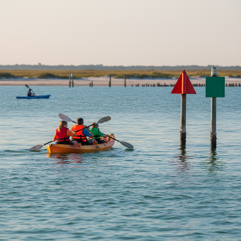 Family kayaking on calm water near red and green navigation channel markers in Navarre, Florida, wearing life jackets