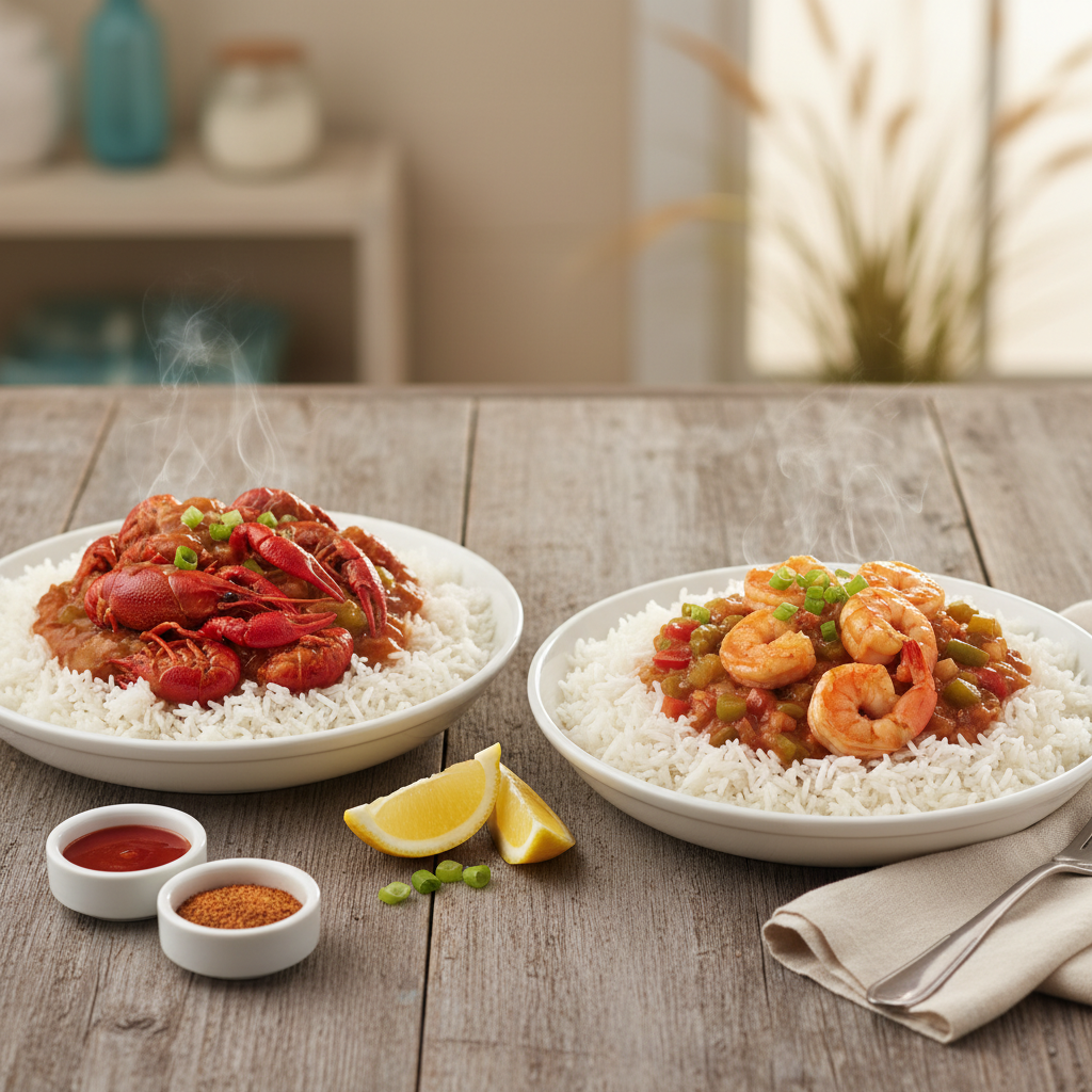 Two bowls of seafood étouffée over rice, one with crawfish and one with shrimp, with hot sauce and lemon wedges on a wooden table in warm coastal light.