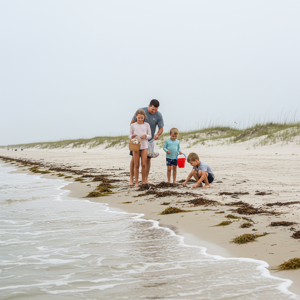 Family shelling after a storm on a sandy Navarre, Florida beach, walking along the wrack line with a bucket and mesh bag under cloudy skies