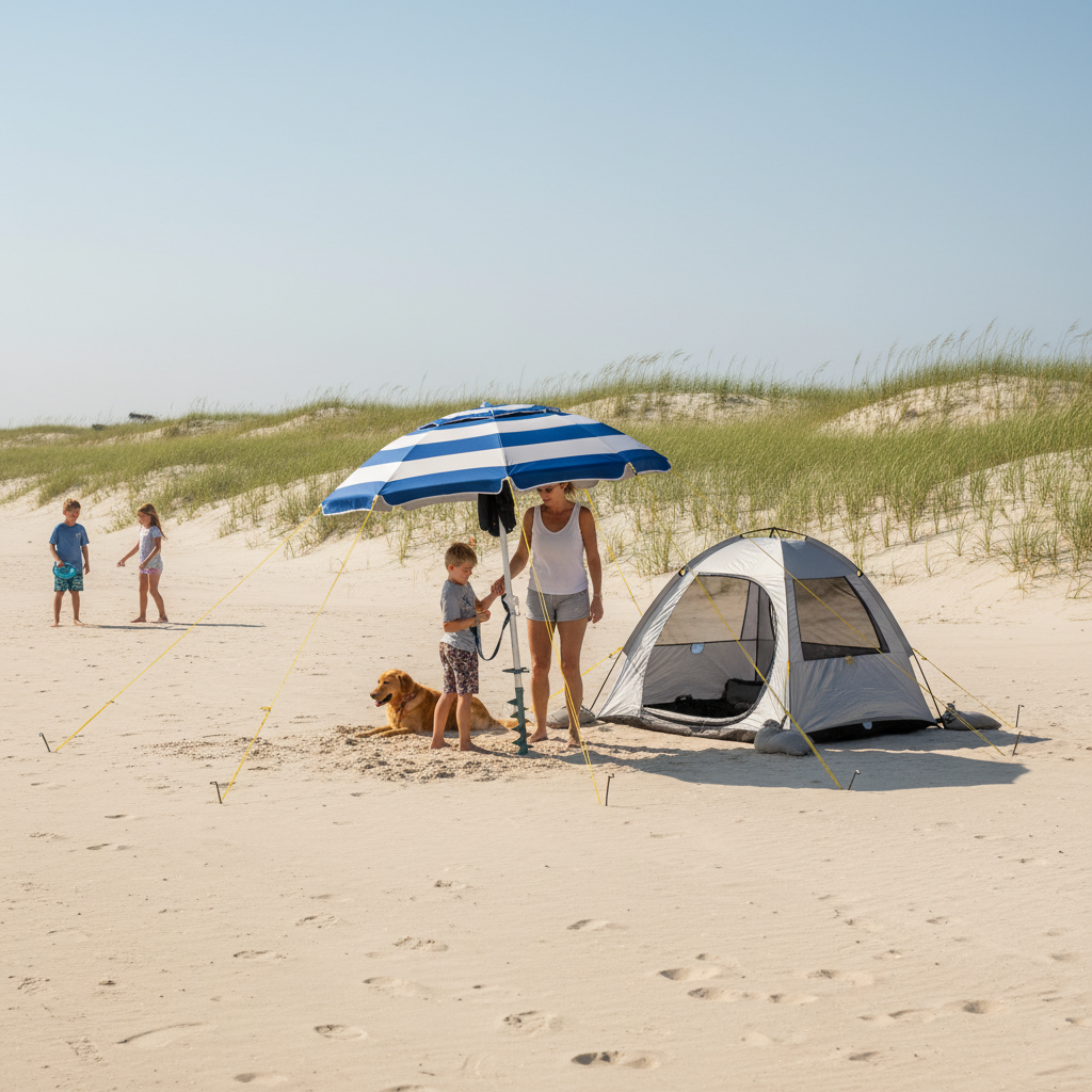 Family setting up a vented beach umbrella with sand screw anchor and guy lines on a breezy Navarre Beach, Florida shoreline near dunes