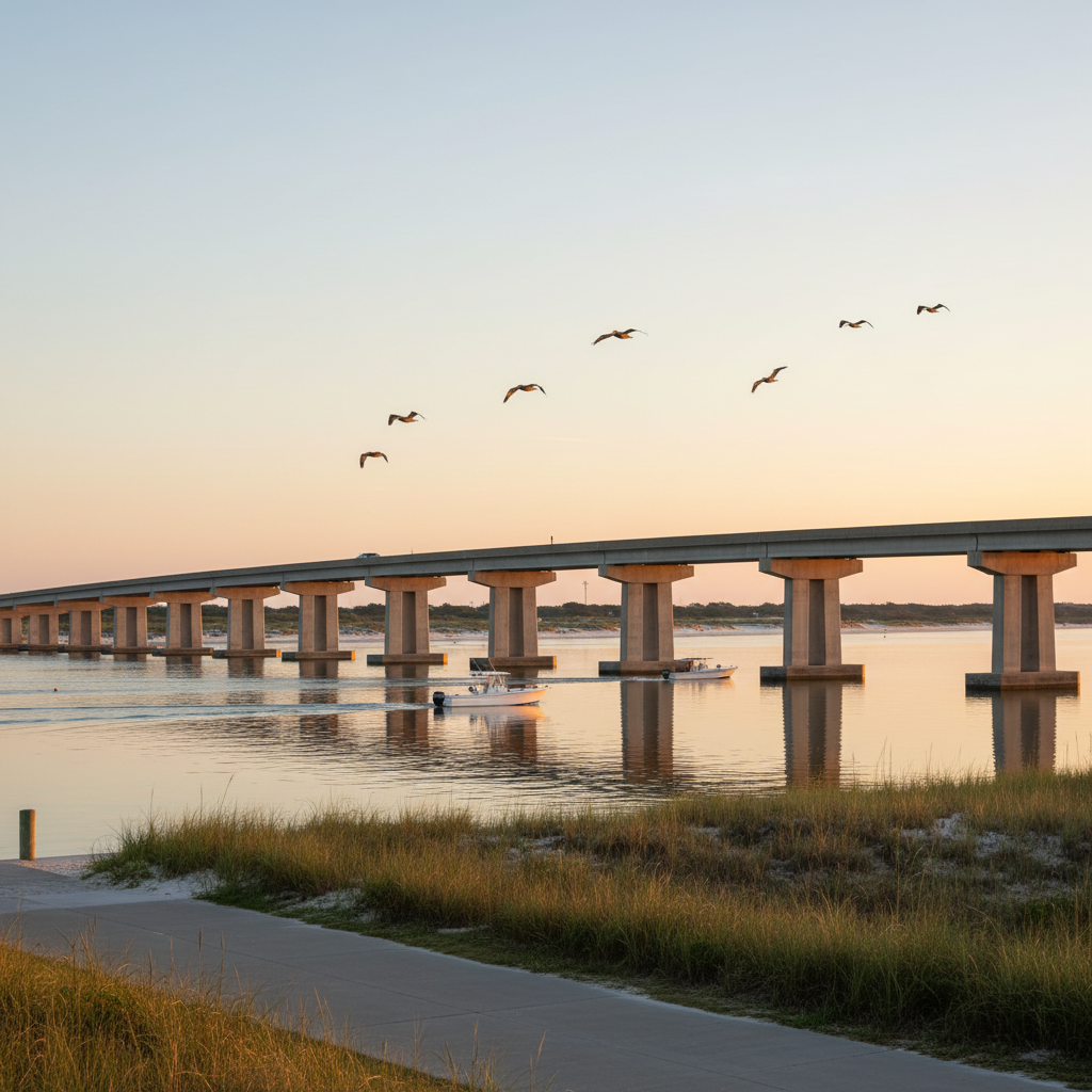 Coastal bridge with repeating concrete spans over calm sound water at sunrise near Navarre, Florida, with small boats below and dunes in the distance