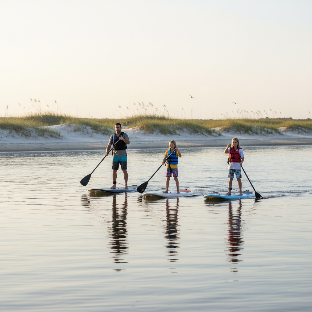 Parent and two children paddleboarding on calm morning water near Navarre, Florida, wearing life jackets close to shore on Santa Rosa Sound