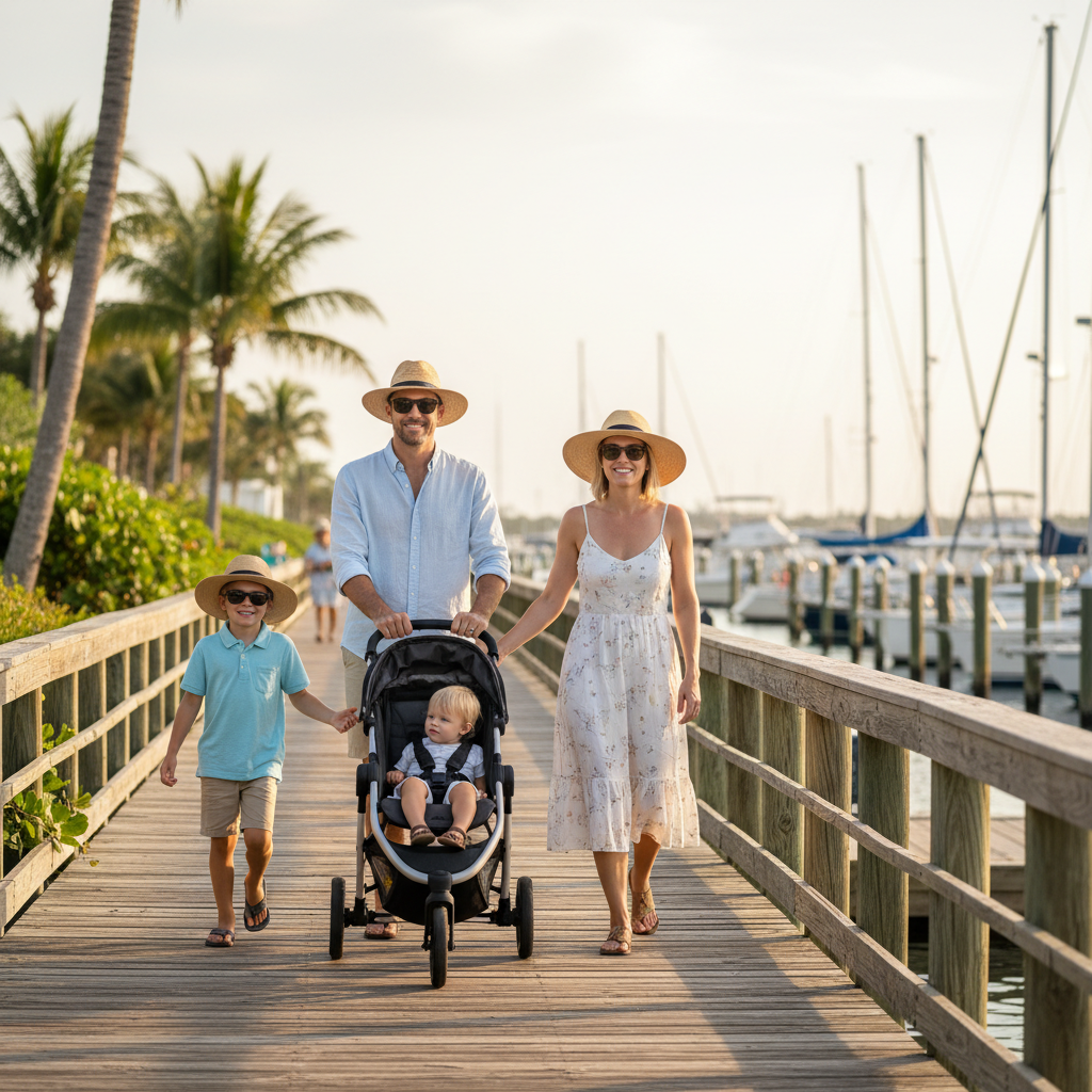 Family with a stroller walking along a sunny Florida waterfront boardwalk near a calm harbor with boats in the background