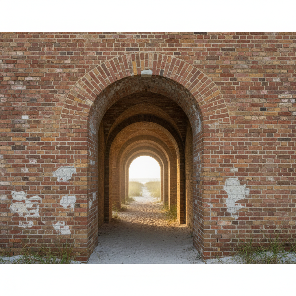 Thick coastal brick wall with deep doorway and arched vaulted corridor in soft morning light near Navarre, Florida