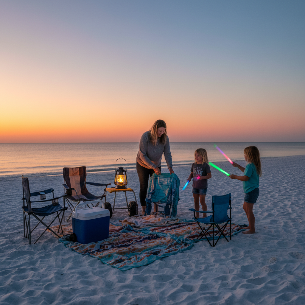 Family setting up chairs and glow sticks on a Navarre, Florida beach at dusk with calm water and no fire present