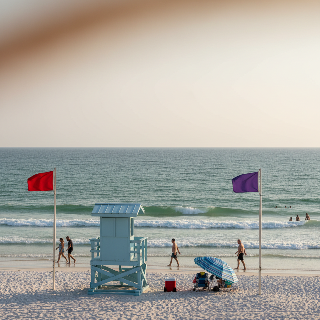 Red and purple beach safety flags near a lifeguard stand on Navarre Beach, Florida, with gentle Gulf waves in the background