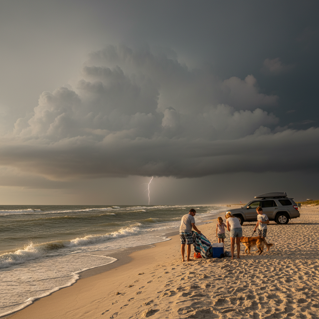 Family packing up on Navarre Beach as dark storm clouds build over the Gulf and wind picks up, heading toward a hard-top car for lightning safety