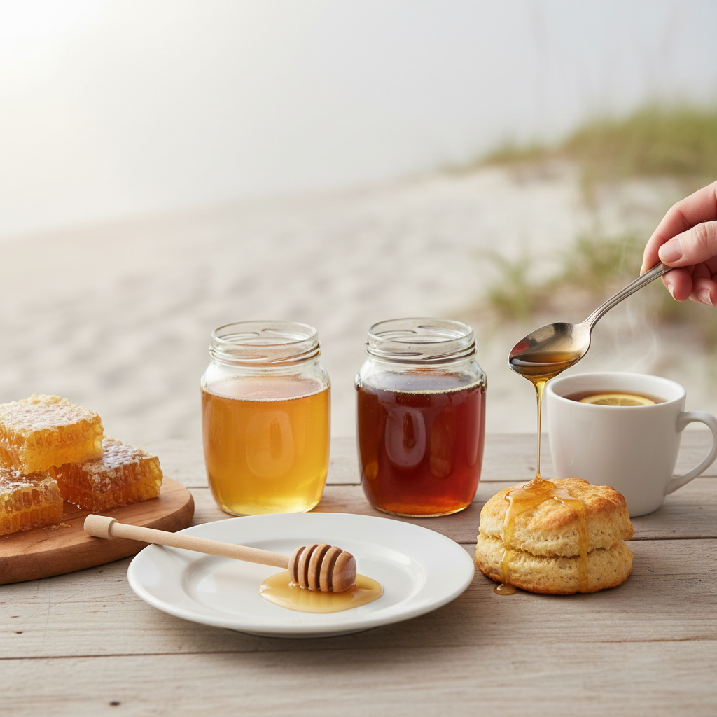 Three open jars of golden honey with a wooden dipper, honeycomb pieces, and a drizzle on a biscuit in soft morning light, inspired by local honey tasting near Navarre, Florida.