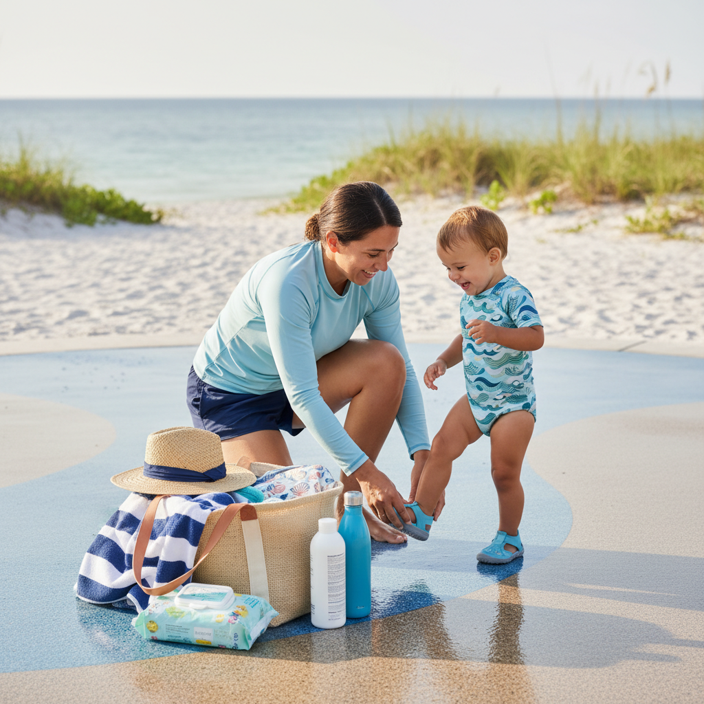 Parent helps a toddler put on water shoes beside a splash pad with towels, wet bag, sunscreen, and water bottles ready for a Navarre, Florida park outing