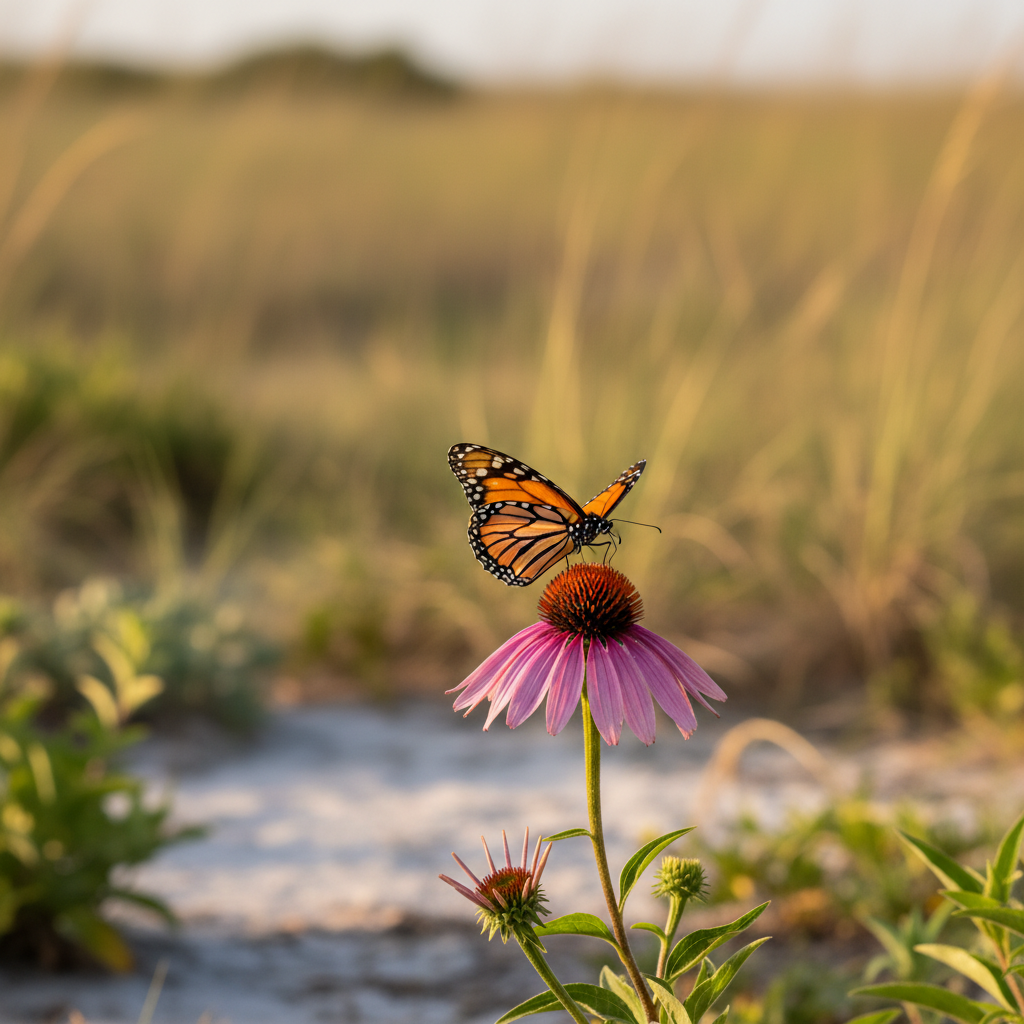 Orange-and-black butterfly on a native wildflower in a Gulf Coast pollinator garden near Navarre, Florida