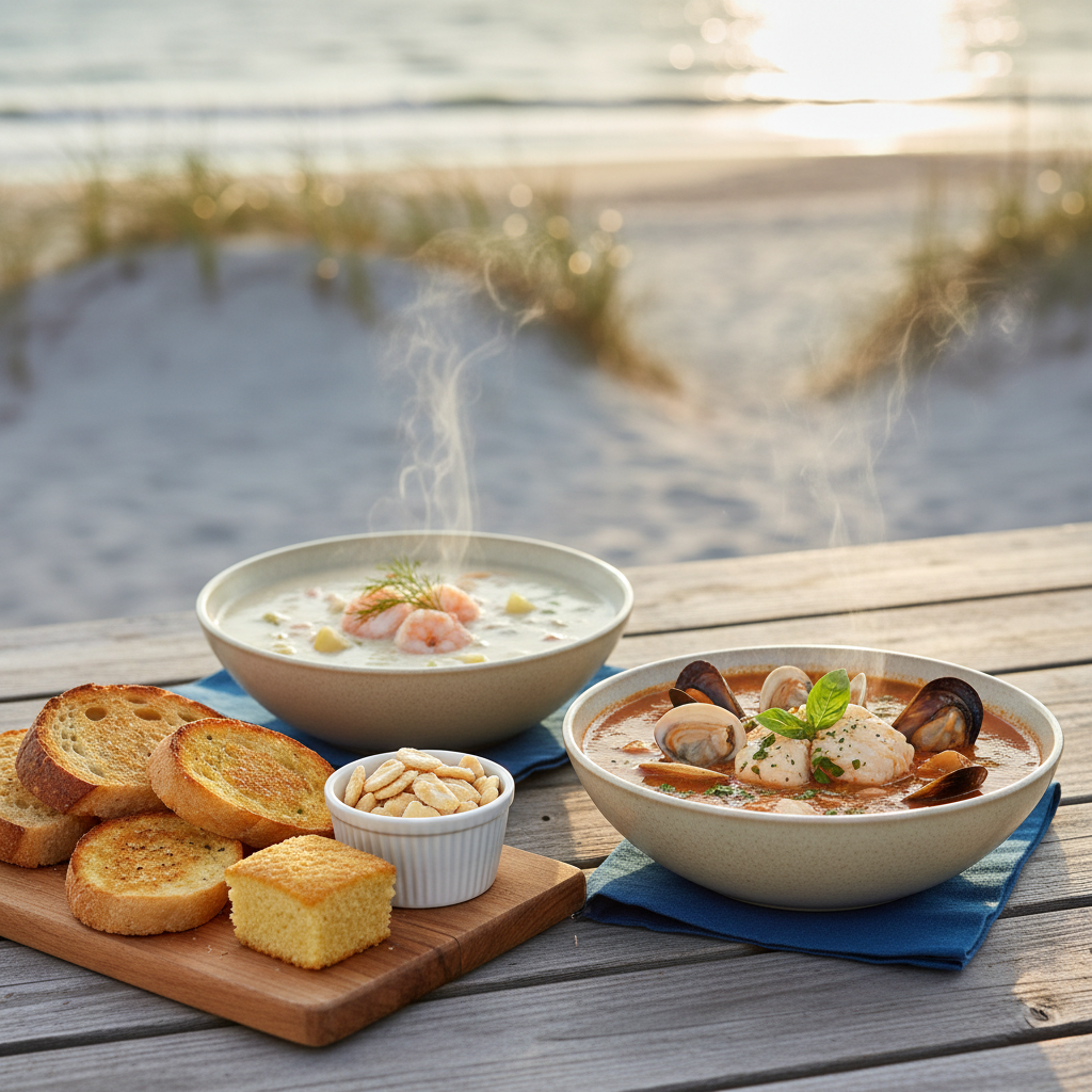 Two bowls of seafood chowder, one creamy and one tomato-based, served with sourdough, garlic toast, ciabatta, French bread, cornbread, and oyster crackers on a picnic table near Navarre Beach, Florida.